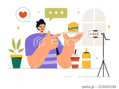 Food Blogger Vector Illustration featuring an Influencer Reviewing and Sharing Culinary Experiences on a Blog at a Restaurant in a Flat Background Food Blogger Vector Illustration featuring an Influencer Reviewing and Sharing Culinary Experiences on a Blog at a Restaurant in a Flat Background 123095189