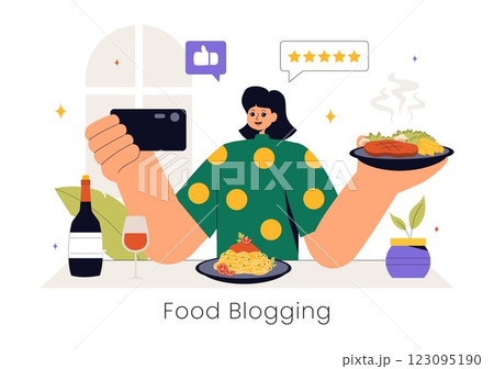 Food Blogger Vector Illustration featuring an Influencer Reviewing and Sharing Culinary Experiences on a Blog at a Restaurant in a Flat Background 123095190