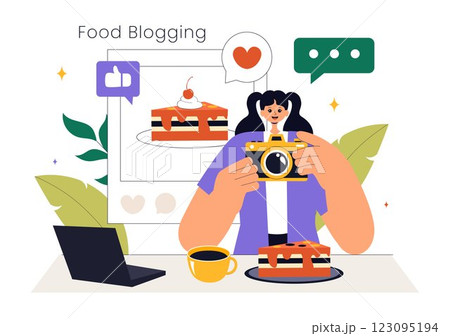 Food Blogger Vector Illustration featuring an Influencer Reviewing and Sharing Culinary Experiences on a Blog at a Restaurant in a Flat Background Food Blogger Vector Illustration featuring an Influencer Reviewing and Sharing Culinary Experiences on a Blog at a Restaurant in a Flat Background 123095194