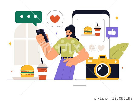Food Blogger Vector Illustration featuring an Influencer Reviewing and Sharing Culinary Experiences on a Blog at a Restaurant in a Flat Background 123095195