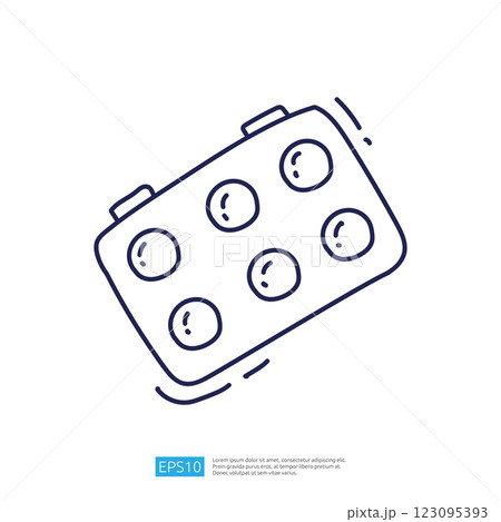 A simple line drawing of a rectangular object with six circular dots, resembling a toy block. It conveys a playful and creative theme. 123095393
