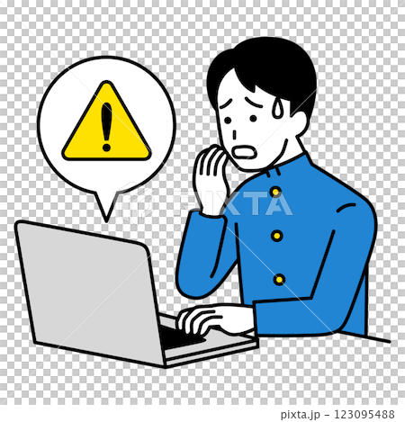 A male student having trouble with an error message on his laptop 123095488