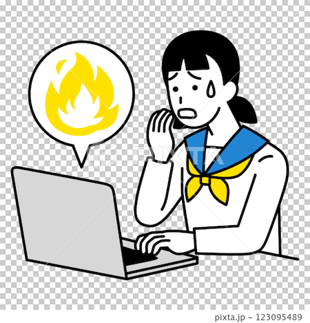A female student is troubled by a social media firestorm on her laptop A female student is troubled by a social media firestorm on her laptop 123095489