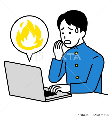 ノートパソコンでSNSが炎上して困っている男子学生 ノートパソコンでSNSが炎上して困っている男子学生 123095490