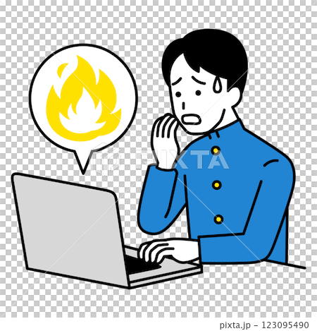 A male student is troubled by a social media firestorm on his laptop 123095490