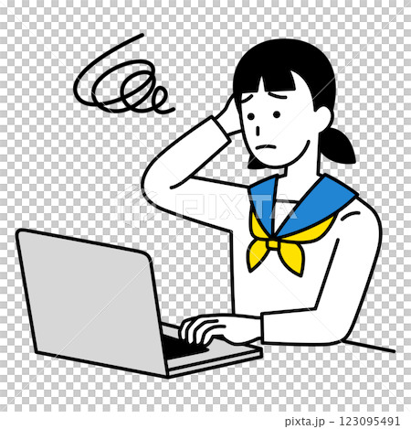 A female student who is having trouble understanding how to use a laptop computer 123095491