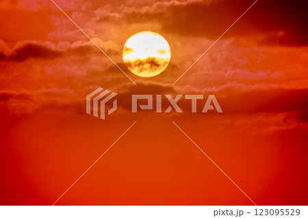 Vibrant Orange Sunset over Tamsui River, Taiwan. 123095529