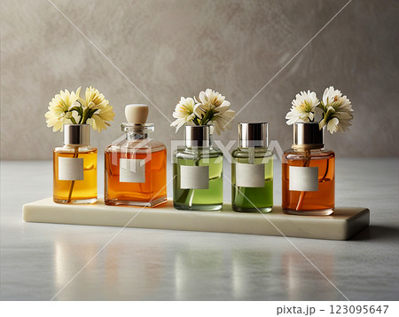 Perfume bottle, elegant and feminine design, minimalist shape with luxurious details, placed on a marble surface, surrounded by delicate flowers, soft and sophisticated style 123095647