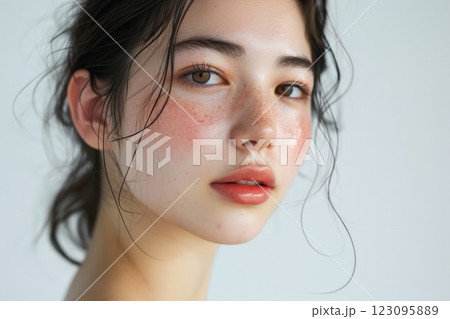 素肌の綺麗な日本人メイクモデルのポートレート（白背景・美肌・透明感） 123095889