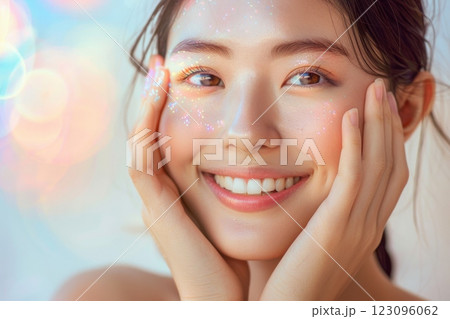頬に手をあてる肌の綺麗な日本人女性モデルのポートレート（美容・艶・透明感）	 123096062