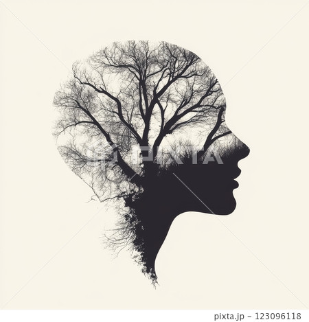 Silhouette of a woman's head filled with tree branches 123096118