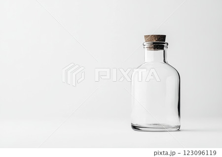 Clear glass bottle with cork stopper positioned on white background 123096119