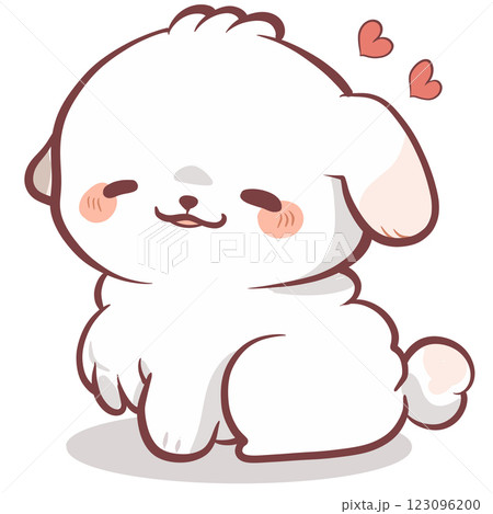 Cute cartoon dog with fluffy white coat, smiling happily and surrounded by hearts, exuding joyful and playful vibe 123096200