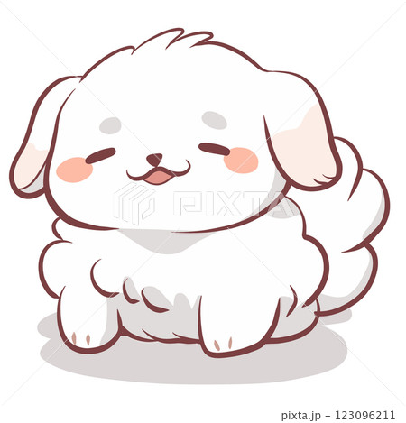 Cute fluffy dog character with happy expression, sitting comfortably. This adorable illustration captures essence of joy and playfulness in charming way 123096211