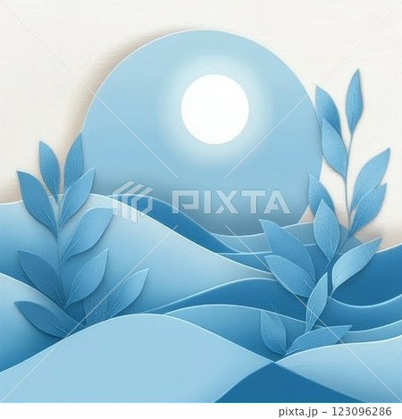 Creative paper art representing waves and sun in blue tones 123096286