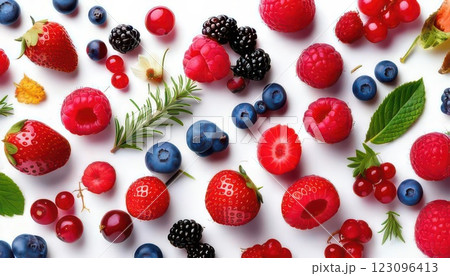 《AI画像》白い背景に並べたミックスベリー 123096413