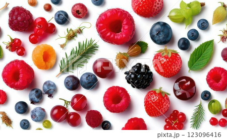 《AI画像》白い背景に並べたミックスベリー 123096416