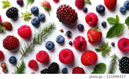 《AI画像》白い背景に並べたミックスベリー 123096417