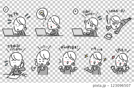 Set of emotions of hard working female office worker, cartoon style Set of emotions of hard working female office worker, cartoon style 123096507