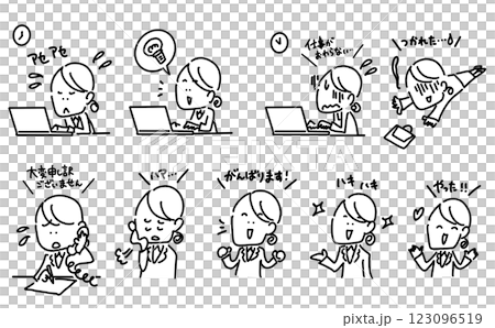 頑張る女性会社員の喜怒哀楽のセット　漫画風 123096519