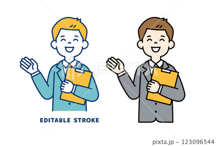 片手にファイルを持って説明する、若いビジネスマンのベクターイラスト素材_線幅の編集可能 片手にファイルを持って説明する、若いビジネスマンのベクターイラスト素材_線幅の編集可能 123096544