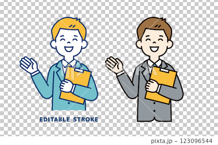 片手にファイルを持って説明する、若いビジネスマンのベクターイラスト素材_線幅の編集可能 片手にファイルを持って説明する、若いビジネスマンのベクターイラスト素材_線幅の編集可能 123096544