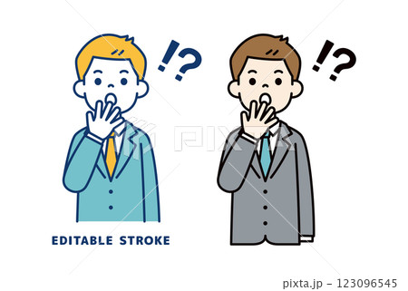 口に手を当てて驚く、若いビジネスマンのベクターイラスト素材＿線幅の編集可能 123096545