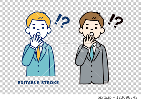 口に手を当てて驚く、若いビジネスマンのベクターイラスト素材＿線幅の編集可能 123096545