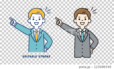 笑顔で目標を指さす、若いビジネスマンのベクターイラスト素材＿線幅の編集可能 123096549