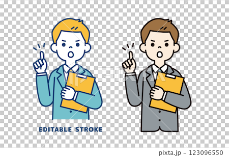 一位年輕商人手持文件時輕輕發出警告的向量插圖_線寬可以編輯 一位年輕商人手持文件時輕輕發出警告的向量插圖_線寬可以編輯 123096550