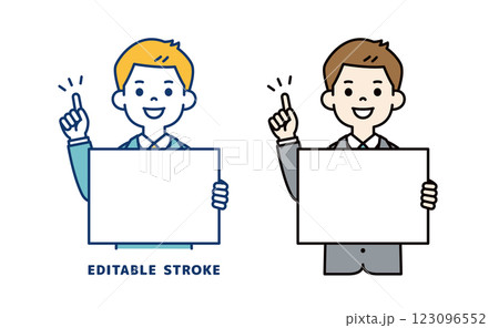 ボードを持ってポイントを説明する、若いビジネスマンのベクターイラスト素材＿線幅の編集可能 123096552