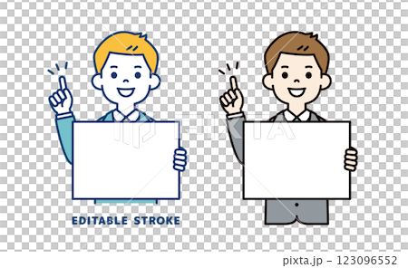ボードを持ってポイントを説明する、若いビジネスマンのベクターイラスト素材＿線幅の編集可能 123096552