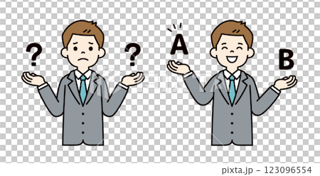 Vector illustration material set of young businessman comparing either _ Line width editable _ Color 123096554