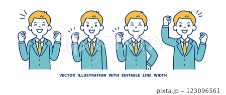 元気にガッツポーズをする、若いビジネスマンのベクターイラスト素材セット＿線幅の編集可能 123096561