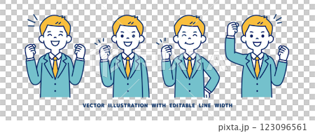 元気にガッツポーズをする、若いビジネスマンのベクターイラスト素材セット＿線幅の編集可能 123096561