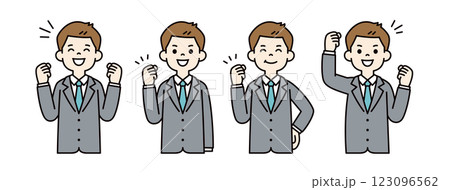 元気にガッツポーズをする、若いビジネスマンのベクターイラスト素材セット＿線幅の編集可能＿カラー 123096562