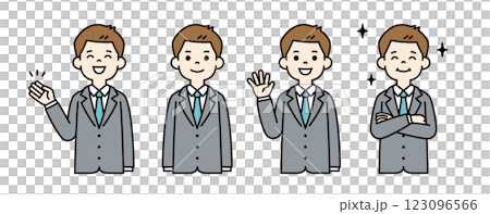 ポジティブなイメージの、若いビジネスマンのベクターイラスト素材セット＿線幅の編集可能＿カラー 123096566