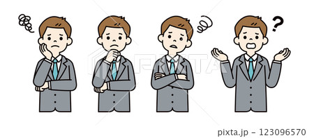 悩む・困る・考える、若いビジネスマンのベクターイラスト素材セット＿線幅の編集可能＿カラー 123096570