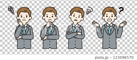 悩む・困る・考える、若いビジネスマンのベクターイラスト素材セット＿線幅の編集可能＿カラー 123096570