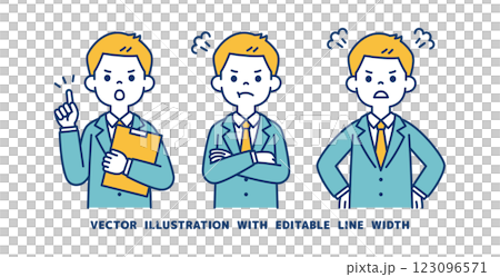 Vector illustration material set of young businessman getting angry, scolding, and warning_Line width can be edited Vector illustration material set of young businessman getting angry, scolding, and warning_Line width can be edited 123096571