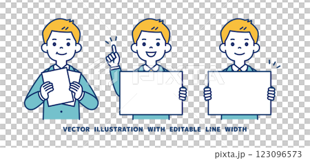 向量插圖集年輕商人持有文件和董事會_線寬可編輯 123096573