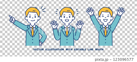 快樂、瞄準、歡呼的年輕商人向量插圖集_線寬可編輯 123096577
