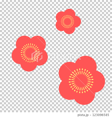 黄色いおしべが輪になって並んでいる、大中小の赤い梅の花 123096585