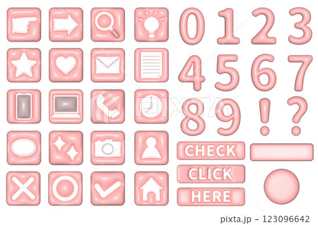 ぷっくりした可愛い基本のビジネス・ウェブのアイコンと数字のセット　風船　バルーン　膨らんだ　ピンク　 123096642