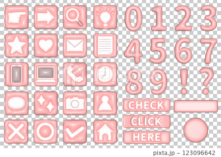 ぷっくりした可愛い基本のビジネス・ウェブのアイコンと数字のセット　風船　バルーン　膨らんだ　ピンク　 123096642
