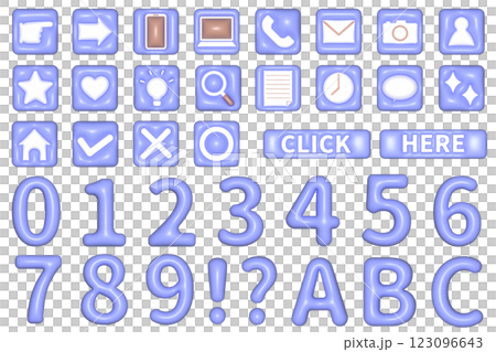 ぷっくりした可愛い基本のビジネス・ウェブのアイコンと数字のセット　風船　バルーン　膨らんだ　パープル 123096643