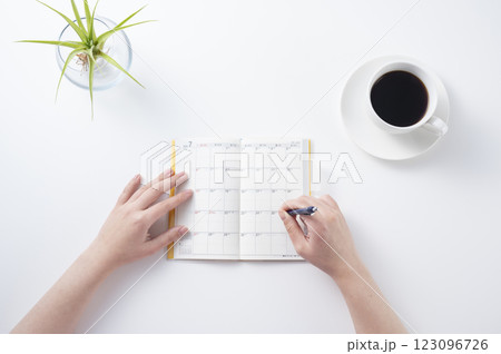 スケジュール帳に記入する女性の手 123096726