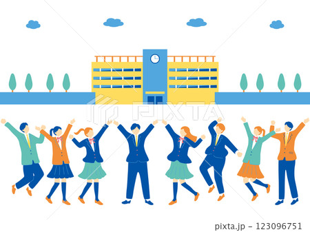 校舎の前で盛り上がる男女の学生たち 123096751