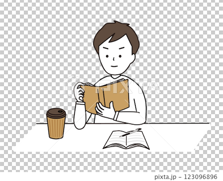 A young man reading a book in a cafe on his day off 123096896