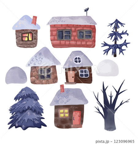 Set of wooden stone and brick cozy houses, winter fir trees, trees without foliage, snowdrifts. All objects are drawn by hand on a tablet and isolated on a white background. Design, printing, children Set of wooden stone and brick cozy houses, winter fir trees, trees without foliage, snowdrifts. All objects are drawn by hand on a tablet and isolated on a white background. Design, printing, children 123096965